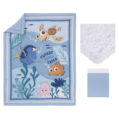 Disney Finding Nemo Cutest Little Catch Light Blue, Orange, and Navy 3 Piece Nursery Crib Bedding Set - Comforter, Fitted Crib Sheet, and Crib Skirt