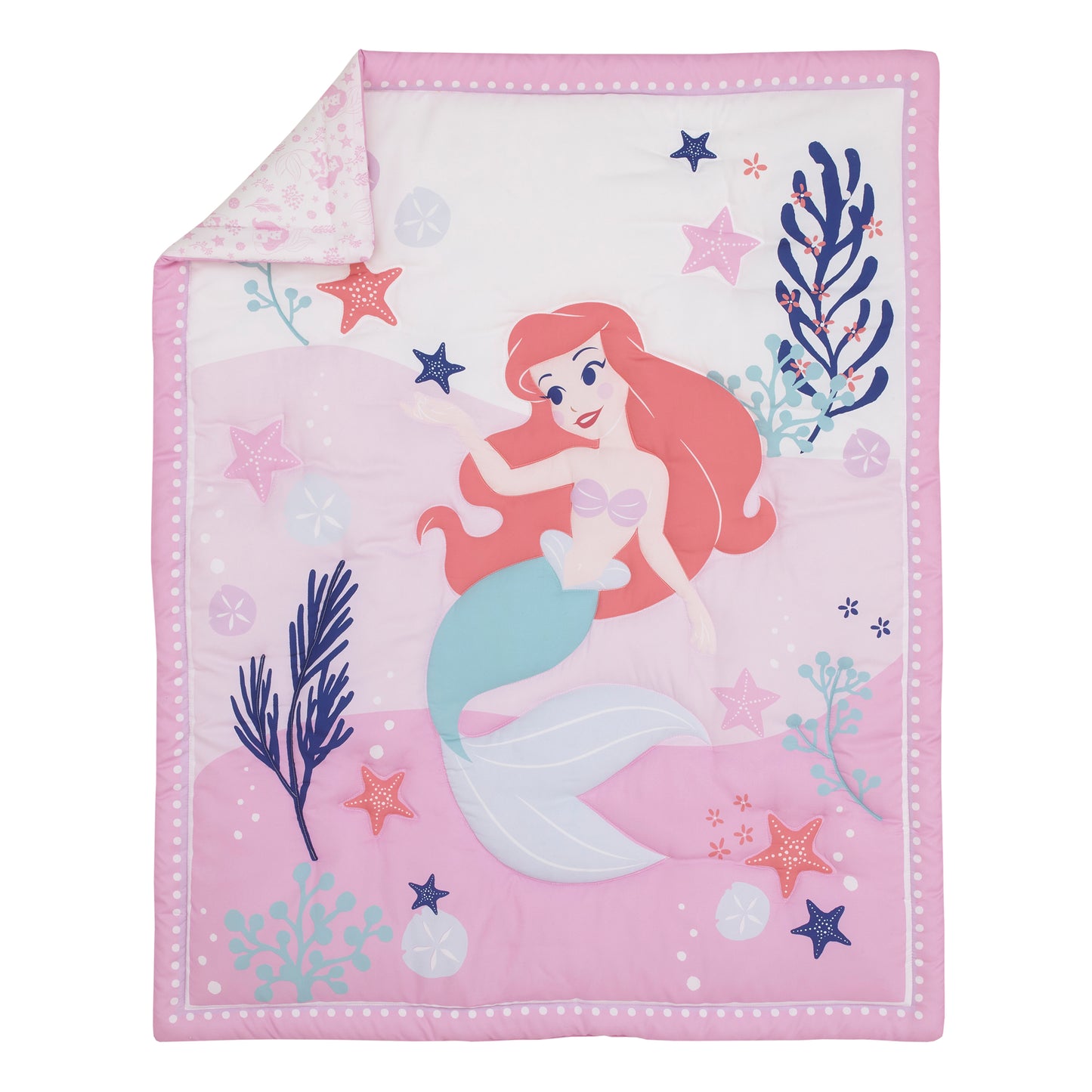 Disney The Little Mermaid Ariel Cute by Nature White and Pink Star Fish and Coral Reef 3 Piece Nursery Mini Crib Bedding Set - Comforter and Two Fitted Mini Crib Sheets