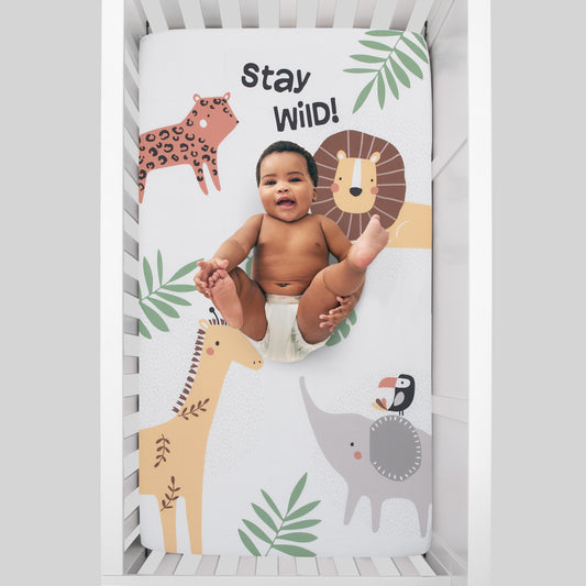 Jungle Trails White, Green, and Gold Stay Wild Animal Print with Leaves Photo Op 100% Cotton Nursery Fitted Crib Sheet