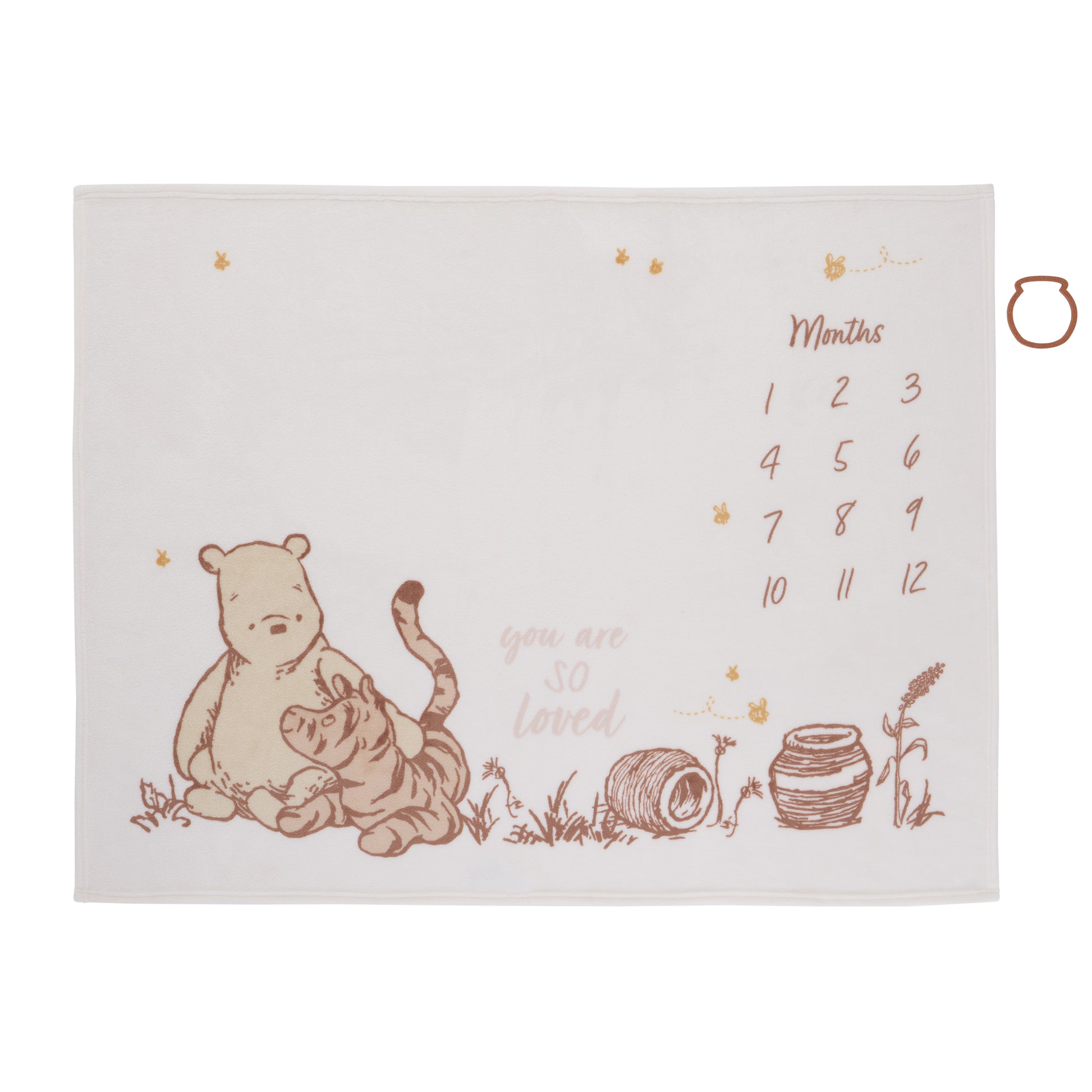 NoJo Disney Classic Winnie the Pooh You Are So Loved Milestone Baby Blanket, Ivory and Taupe