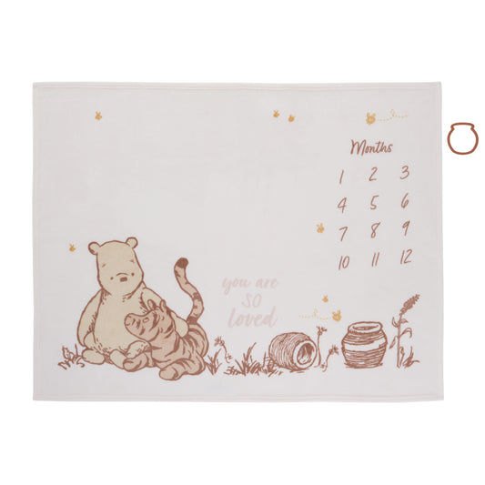 NoJo Disney Classic Winnie the Pooh You Are So Loved Milestone Baby Blanket, Ivory and Taupe