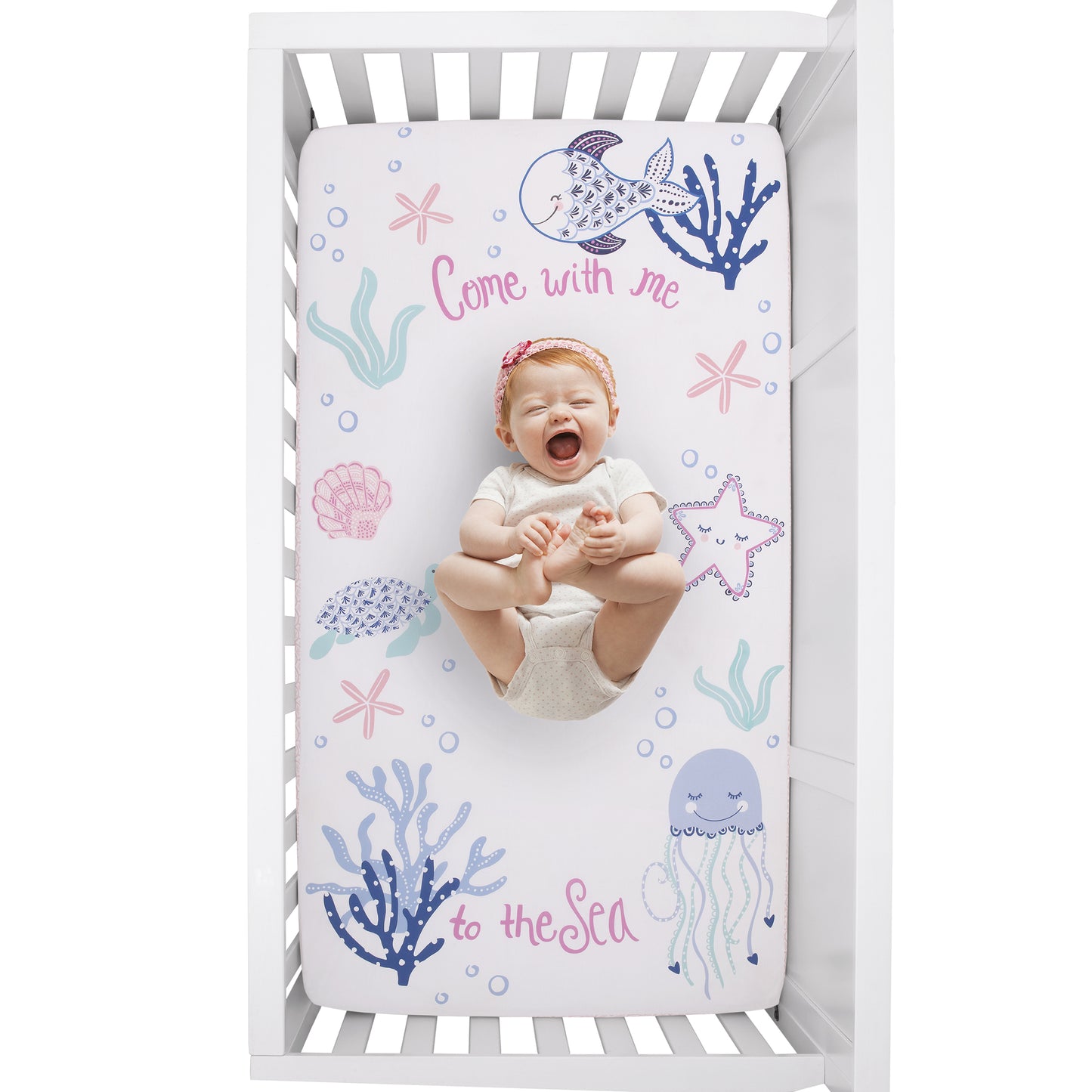 NoJo Mermaid Lagoon Pink, Blue, and White "Come with me to the Sea" 100% Cotton Photo Op Fitted Crib Sheet