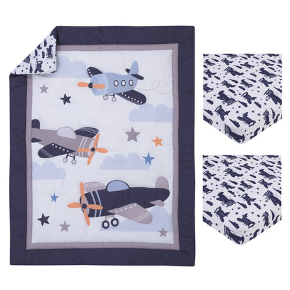 Little Love by NoJo Soar High Little One Navy, Light Blue, Orange, and White Airplanes, Clouds, and Stars 3 Piece Nursery Mini Crib Bedding Set - Comforter, and Two Fitted Mini Crib Sheets