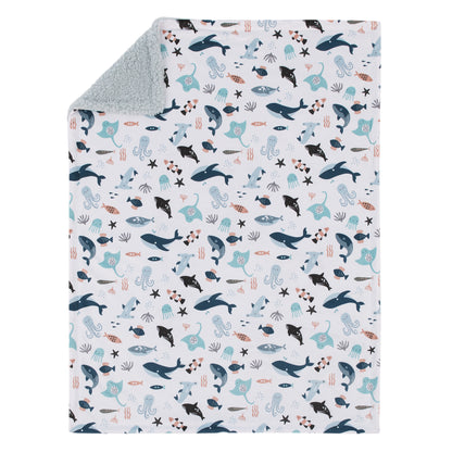 NoJo Explore Dream Discover Light Blue, Navy, Gray and Coral Super Soft Sherpa Baby Blanket