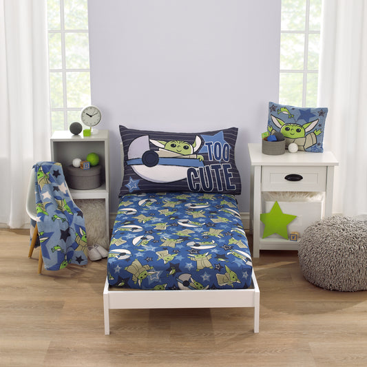 The Child Cutest in the Galaxy Blue, Green, and Gray Grogu and Hover Pod 2 Piece Toddler Sheet Set - Fitted Bottom Sheet and Reversible Pillowcase