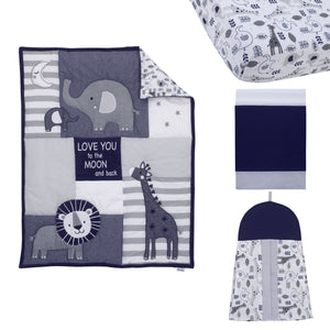 NoJo Love You To The Moon - Navy, Grey and Blue 4 Piece Nursery Crib Bedding Set with Comforter, Fitted Crib Sheet, Dust Ruffle, Diaper Stacker