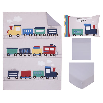 Everything Kids Choo Choo Train Gray, Blue, Red, and Yellow All Aboard 4 Piece Toddler Bed Set - Comforter, Fitted Bottom Sheet, Flat Top Sheet, Reversible Pillowcase