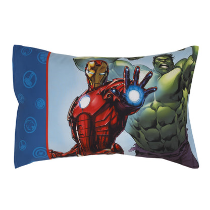 Marvel Avengers Fight the Foes Blue, Red, Green Hulk, Iron Man, Thor, Captain America 4 Piece Toddler Bed Set - Comforter, Fitted Bottom Sheet, Flat Top Sheet, and Reversible Pillowcase