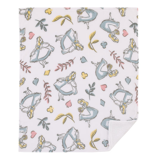 Disney Alice in Wonderland Light Blue, Pink, Yellow, and White Super Soft Plush Sherpa Baby Blanket