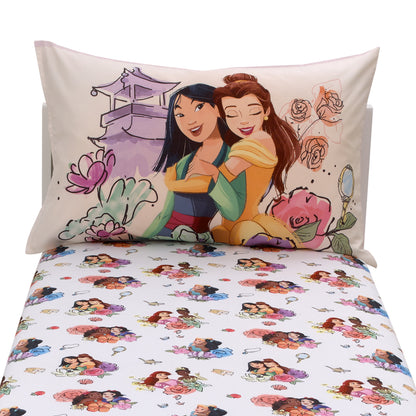 Disney Princesses Courage and Kindness Pink, Blue and White Ariel, Tiana, Moana, Jasmine, Cinderella, Mulan, Belle, and Snow White 2 Piece Toddler Sheet Set - Fitted Bottom Sheet and Reversible Pillowcase