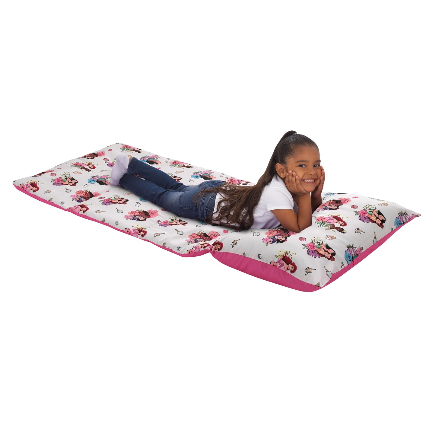 Disney Princesses Courage and Kindness Pink, Blue, and White Ariel, Tiana, Moana, Jasmine, Cinderella, Mulan, Belle, and Snow White Deluxe Easy Fold Toddler Nap Mat