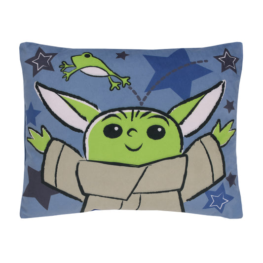 Star Wars The Child Cutest in the Galaxy Blue, Green and Gray, Grogu, Sorgan Frog and Stars Super Soft Decorative Toddler Pillow