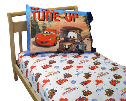 Disney Cars Team Lightning McQueen 2 Pack Super Soft Fitted Toddler Sheet and Pillowcase Set - Blue, Red and Brown