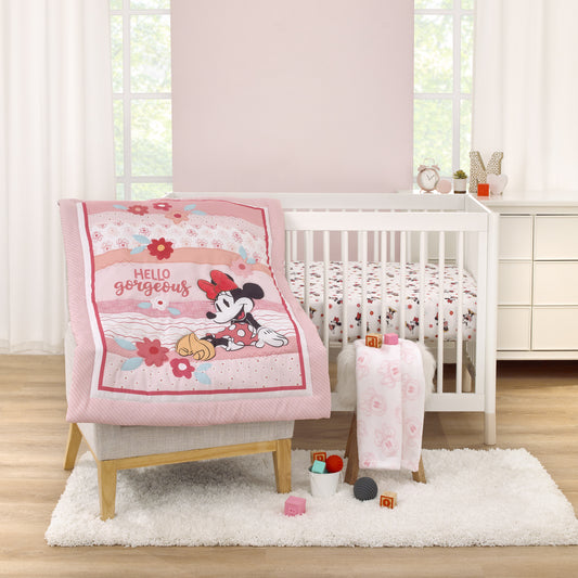 Minnie Mouse Hello Gorgeous 3 Piece Crib Bedding Set, Pink and White