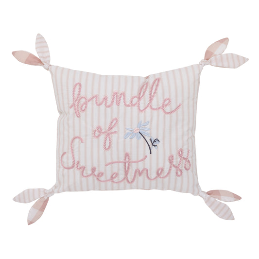 Farmhouse Chic Pink and White Stripe "Bundle of Sweetness" Decorative Throw Pillow with Knotted Ties
