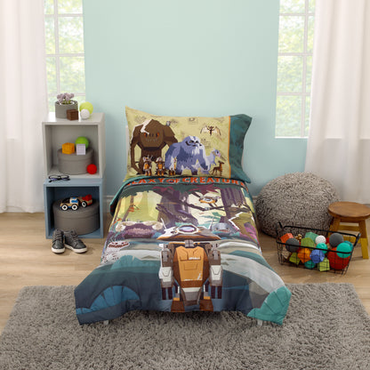 Star Wars Galaxy of Creatures Teal, Brown, and Orange 4 Piece Toddler Bed Set - Comforter, Fitted Bottom Sheet, Flat Top Sheet, and Reversible Pillowcase