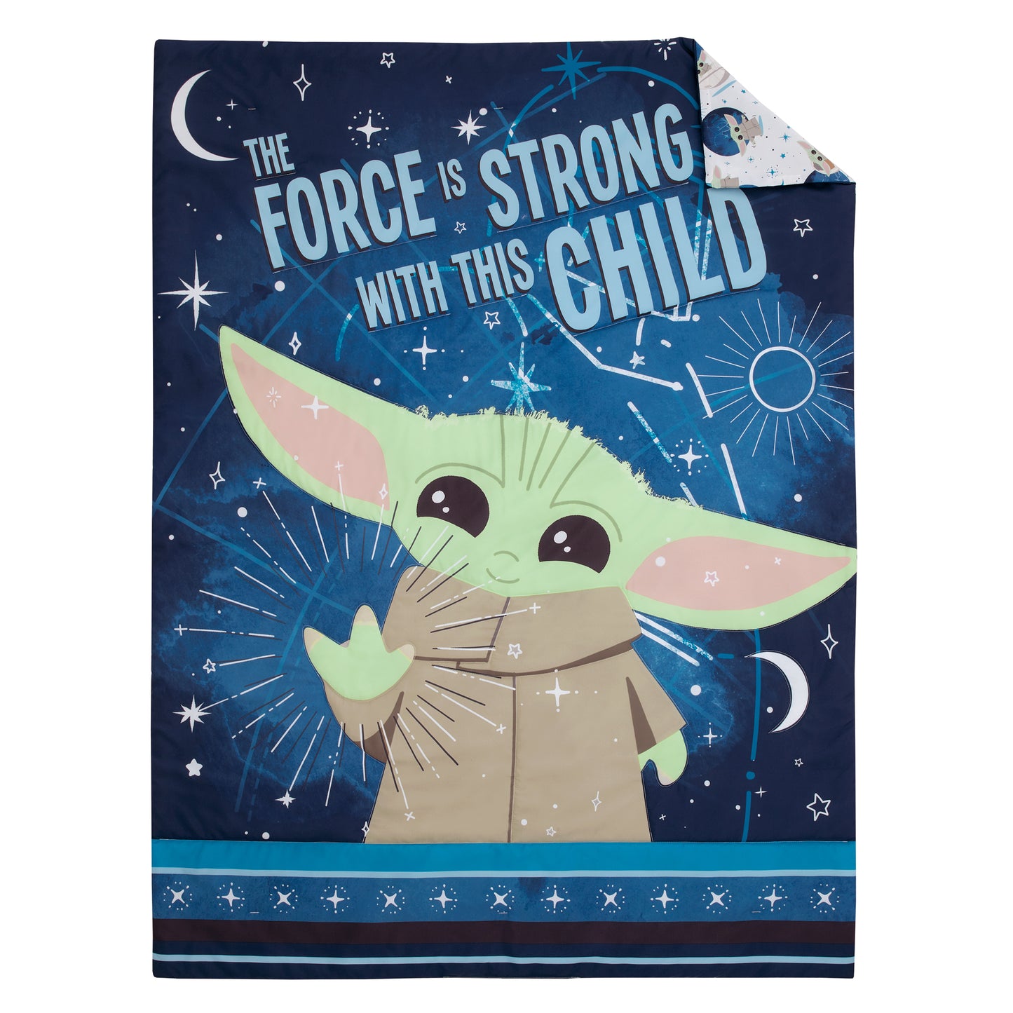 Star Wars The Child - Little Bounty Blue, Green and White Grogu "The Force is Strong with this Child" 4 Piece Toddler Bed Set - Comforter, Fitted Bottom Sheet, Flat Top Sheet and Reversible Pillowcase