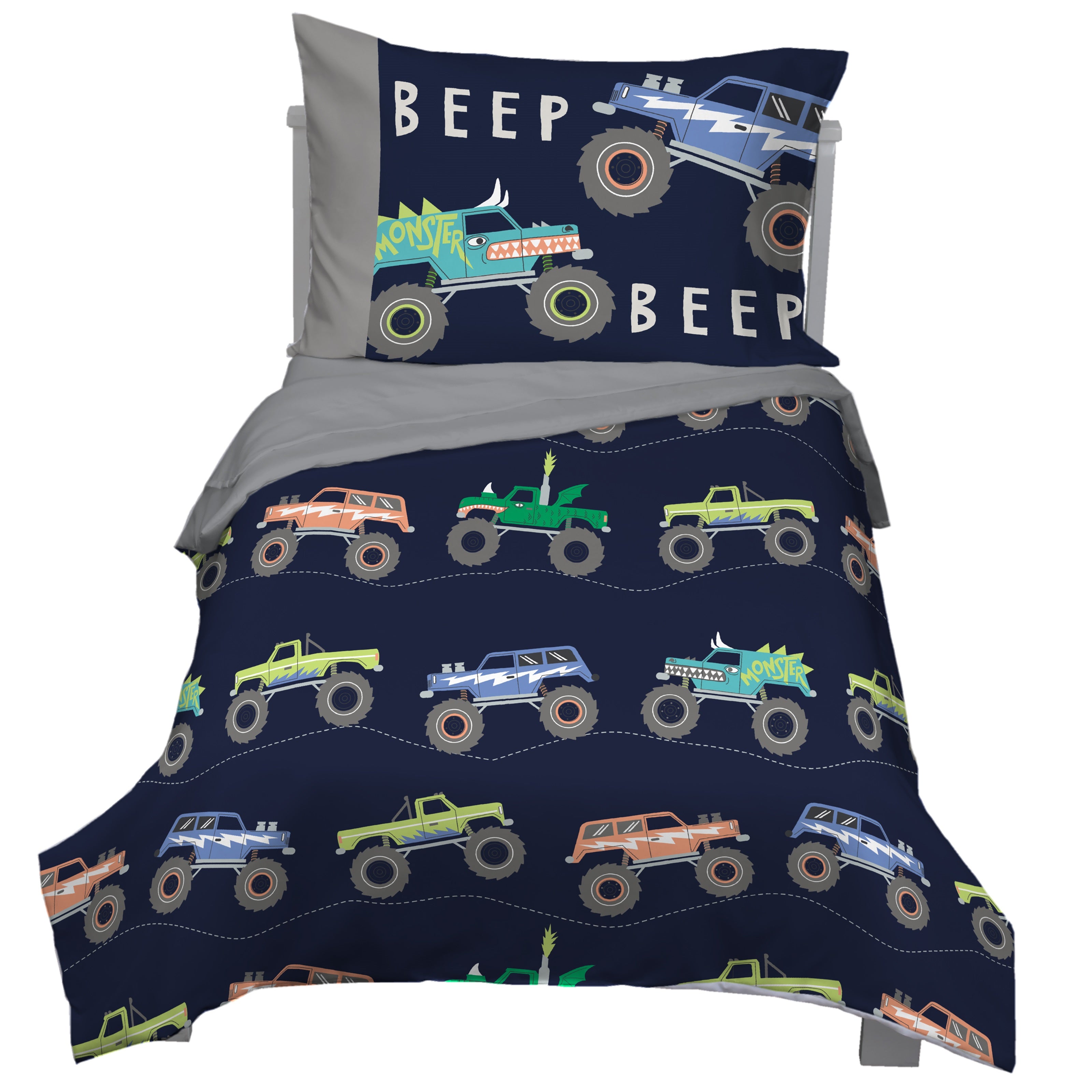 Carter s Monster Truck 4 Piece Toddler Bed Set Comforter Fitted Bottom Sheet Flat Top Sheet Standard Pillowcase Navy and Grey NoJo Baby