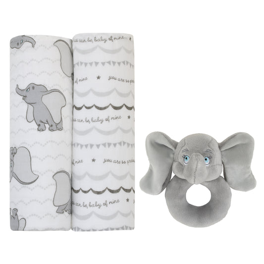 Disney Dumbo White and Grey 2Pk 100% Cotton Muslin Swaddles with Plush Rattle Gift Set