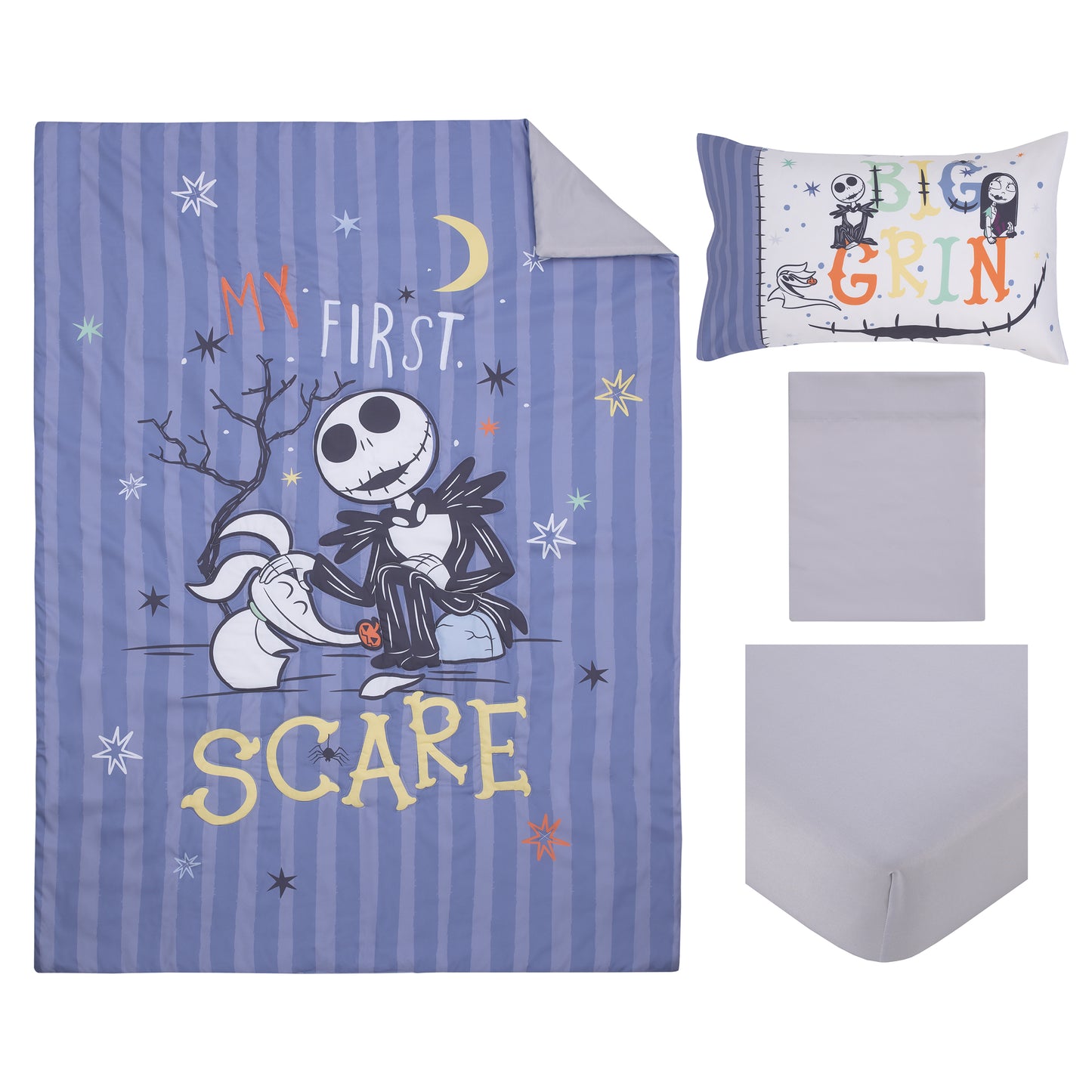 Disney Nightmare Before Christmas My First Scare Blue and Gray Jack Skellington and Zero the Ghost Dog 4 Piece Toddler Bed Set - Comforter, Fitted Bottom Sheet, Flat Top Sheet, and Reversible Pillowcase
