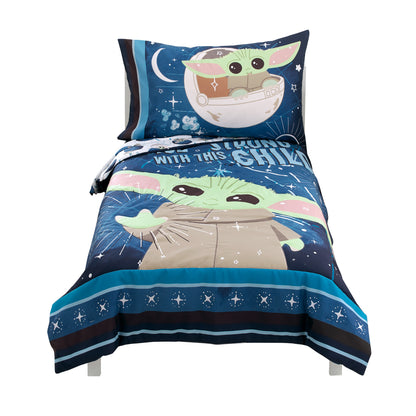 Star Wars The Child - Little Bounty Blue, Green and White Grogu "The Force is Strong with this Child" 4 Piece Toddler Bed Set - Comforter, Fitted Bottom Sheet, Flat Top Sheet and Reversible Pillowcase