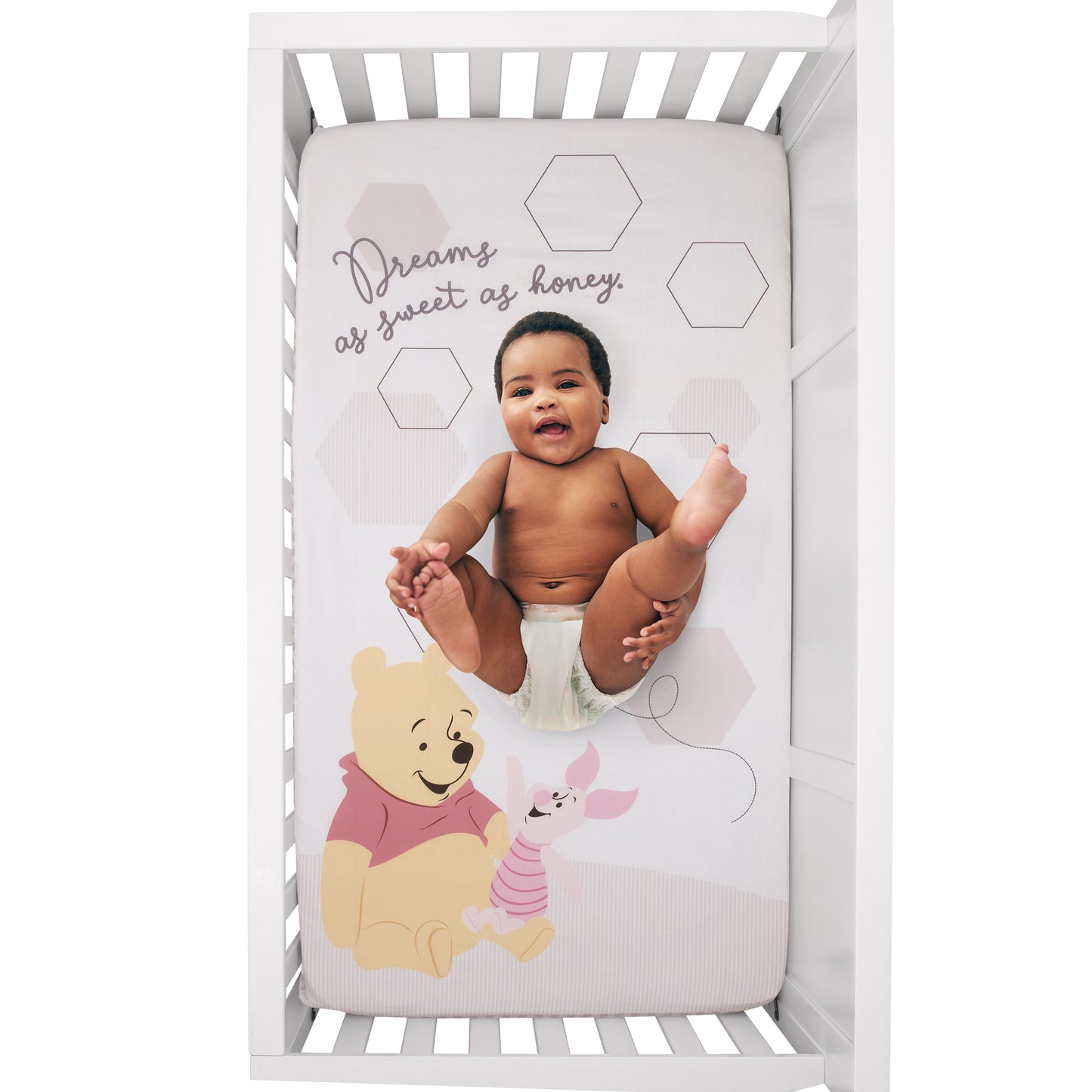 Disney Winnie the Pooh Hugs and Honeycombs Grey and White "Dreams as Sweet as Honey" with Hexagons and Piglet 100% Cotton Photo Op Fitted Crib Sheet