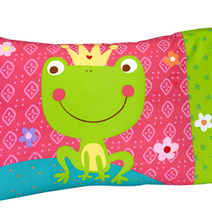Everything Kids Fairytale Pink, Green and Teal, Castle, Frog, Flowers 4 Piece Toddler Bed Set - Comforter, Fitted Bottom Sheet, Flat Top Sheet, Reversible Pillowcase