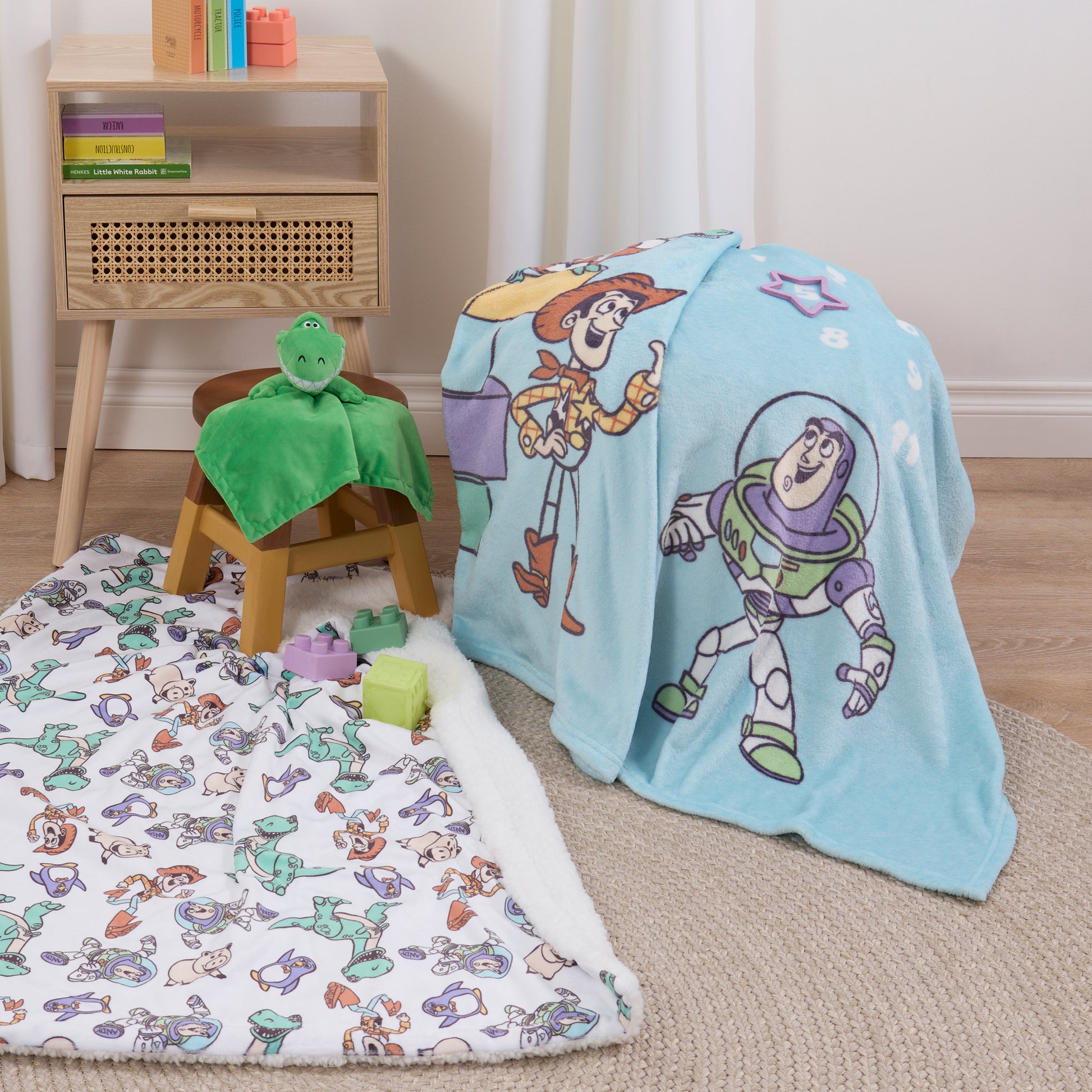 NoJo Disney Toy Story Play All Day Milestone Baby Blanket - Woody, Buzz, Rex and Alien, Blue and White