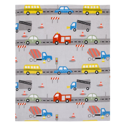 Everything Kids Construction Gray, Yellow, and Red Fire Engines, Dump Trucks, Police Cars and Busses Super Soft Toddler Blanket