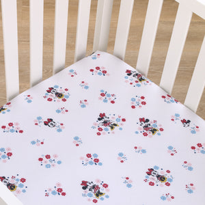 Disney Minnie Mouse - Pink, Blue and White Small Town Floral Nursery Fitted Crib Sheet