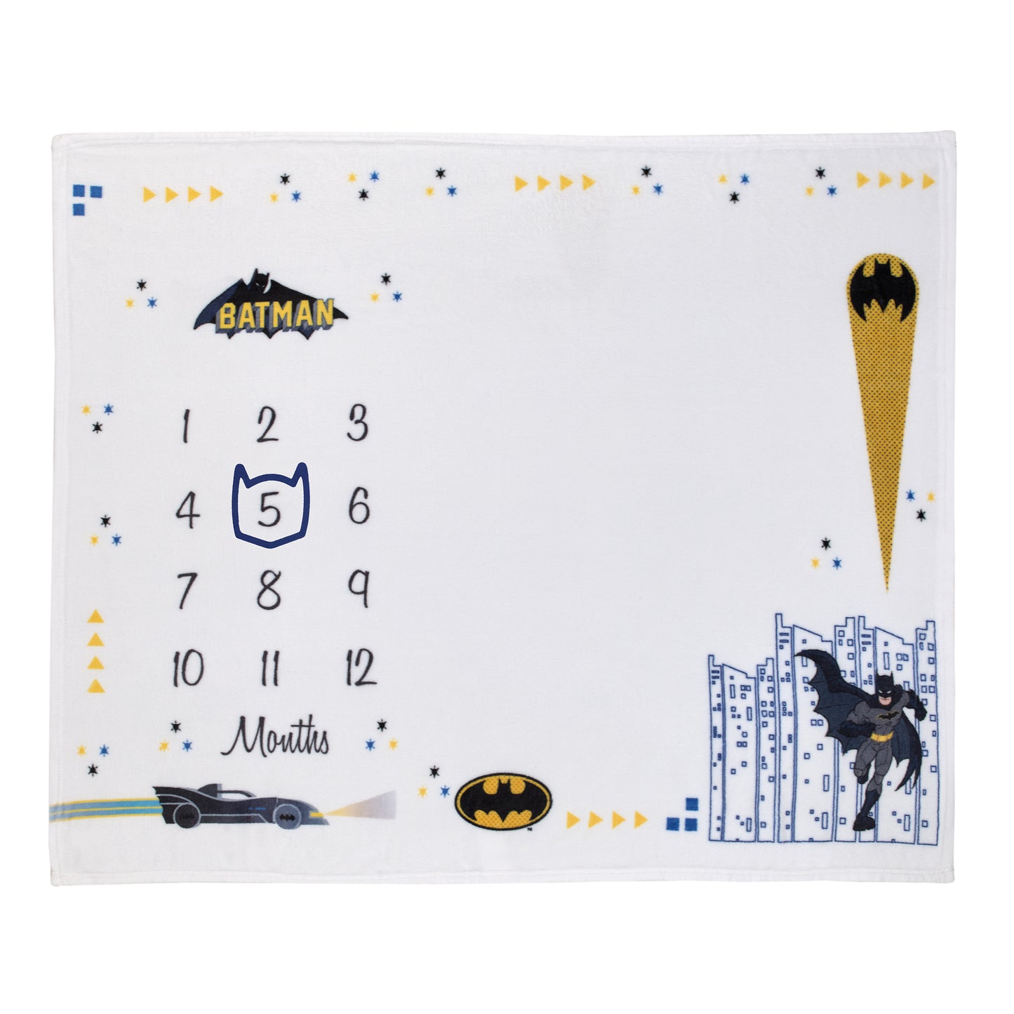 Warner Brothers Batman White and Black Batmobile, Gotham City, and Bat Signal Milestone Baby Blanket