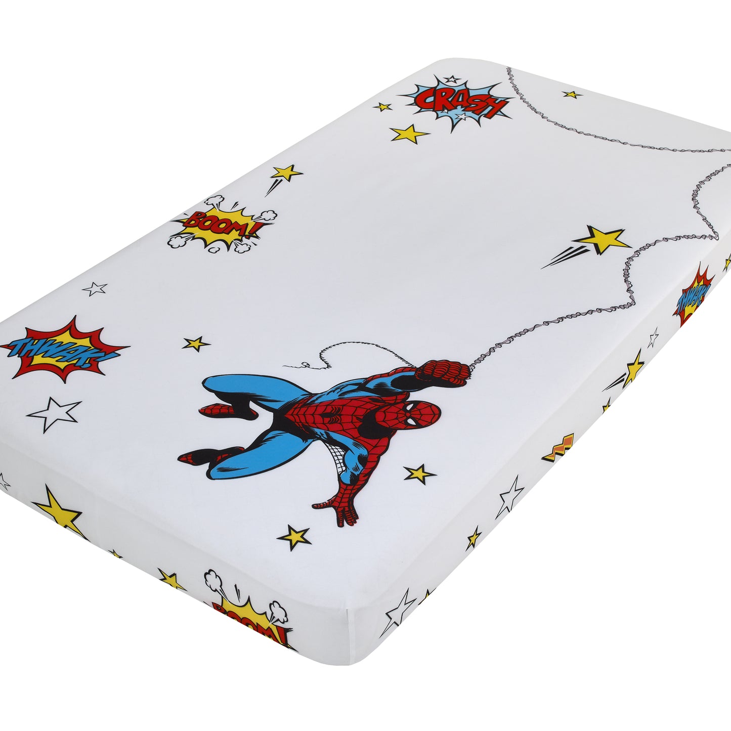 Marvel Spiderman Red, White, Blue, and Yellow Stars and Lightning Photo Op Fitted Crib sheet
