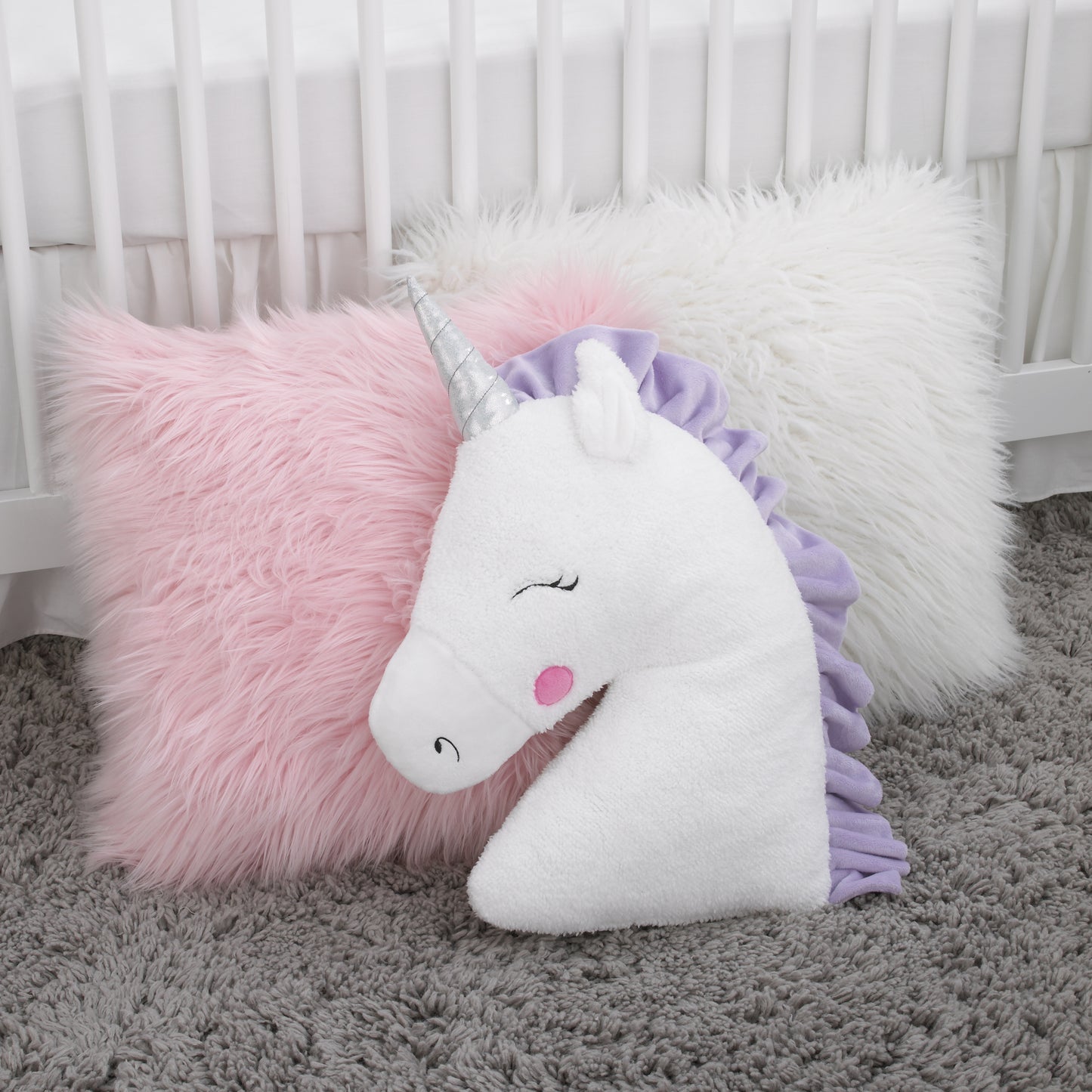 Little Love by NoJo Unicorn Shaped Plush Sherpa Decorative Pillow - White, Lilac, Silver