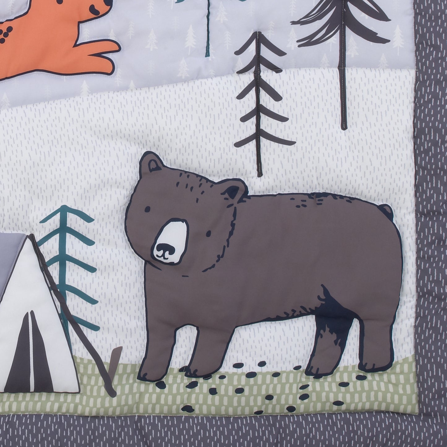 Carter's Woodland Friends Gray Multi Colored Bear and Fox, Squirrel, Tree, Tent, and Campfire 3 Piece Nursery Crib Bedding Set - Comforter, Fitted Crib Sheet, and Crib Skirt