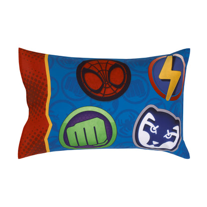 Marvel Spidey and His Amazing Friends Blue, Red, Yellow, and Green, Team Up 4 Piece Toddler Bed Set - Comforter, Fitted Bottom Sheet, Flat Top Sheet, and Reversible Pillowcase