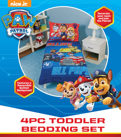 NoJo Paw Patrol Calling All Pups 4 Piece Toddler Bed Set Includes - Comforter, Fitted Bottom Sheet, Flat Top Sheet, Reversible Pillowcase