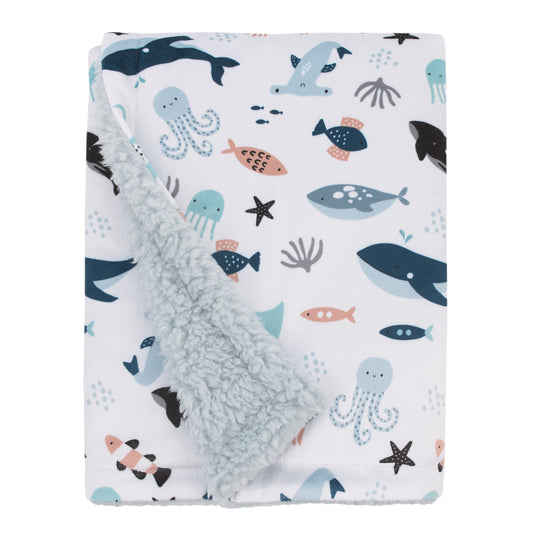 NoJo Explore Dream Discover Light Blue, Navy, Gray and Coral Super Soft Sherpa Baby Blanket