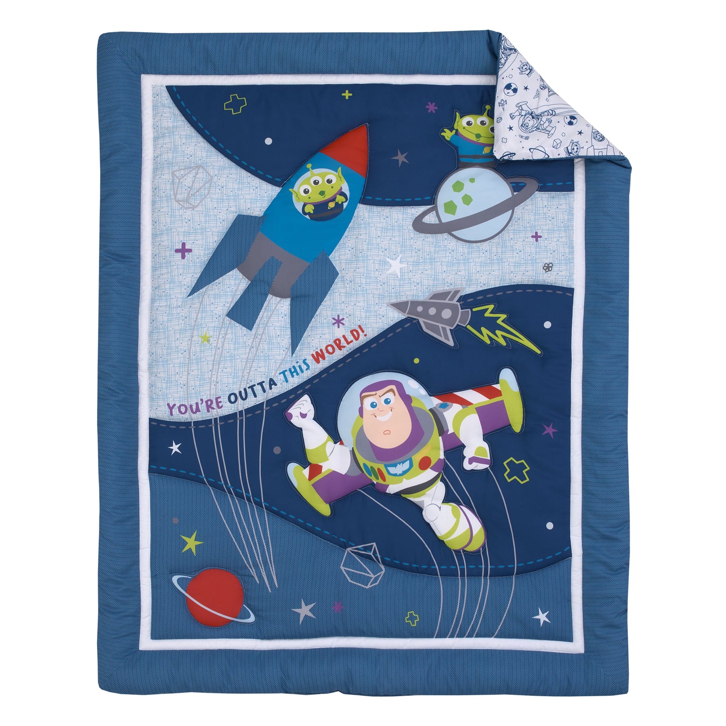 Disney Toy Story Outta This World Blue, Red, and Green Buzz Lightyear and Alien 3 Piece Nursery Mini Crib Bedding Set - Comforter and Two Fitted Mini Crib Sheets