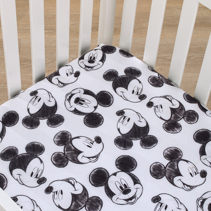 Disney Mickey Mouse - Charcoal Black and White Smiling Mickey Mouse Nursery Fitted Crib Sheet