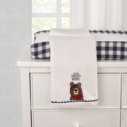 NoJo Into the Wilderness White, Navy, and Brown Bear 'It's All Good in the Woods' Super Soft Applique Baby Blanket with Trim