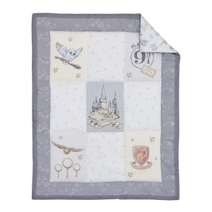 Warner Bros  Harry Potter Magical Moments Grey and White Hogwarts 3 Piece Nursery Mini Crib Bedding Set - Comforter and Two Fitted Mini Crib Sheets