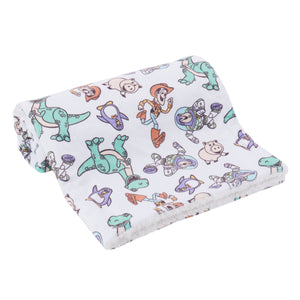NoJo Disney Toy Story Play All Day Sherpa Baby Blanket - Woody, Buzz, Rex, Wheezy, and Hamm, Teal, Blue, and White