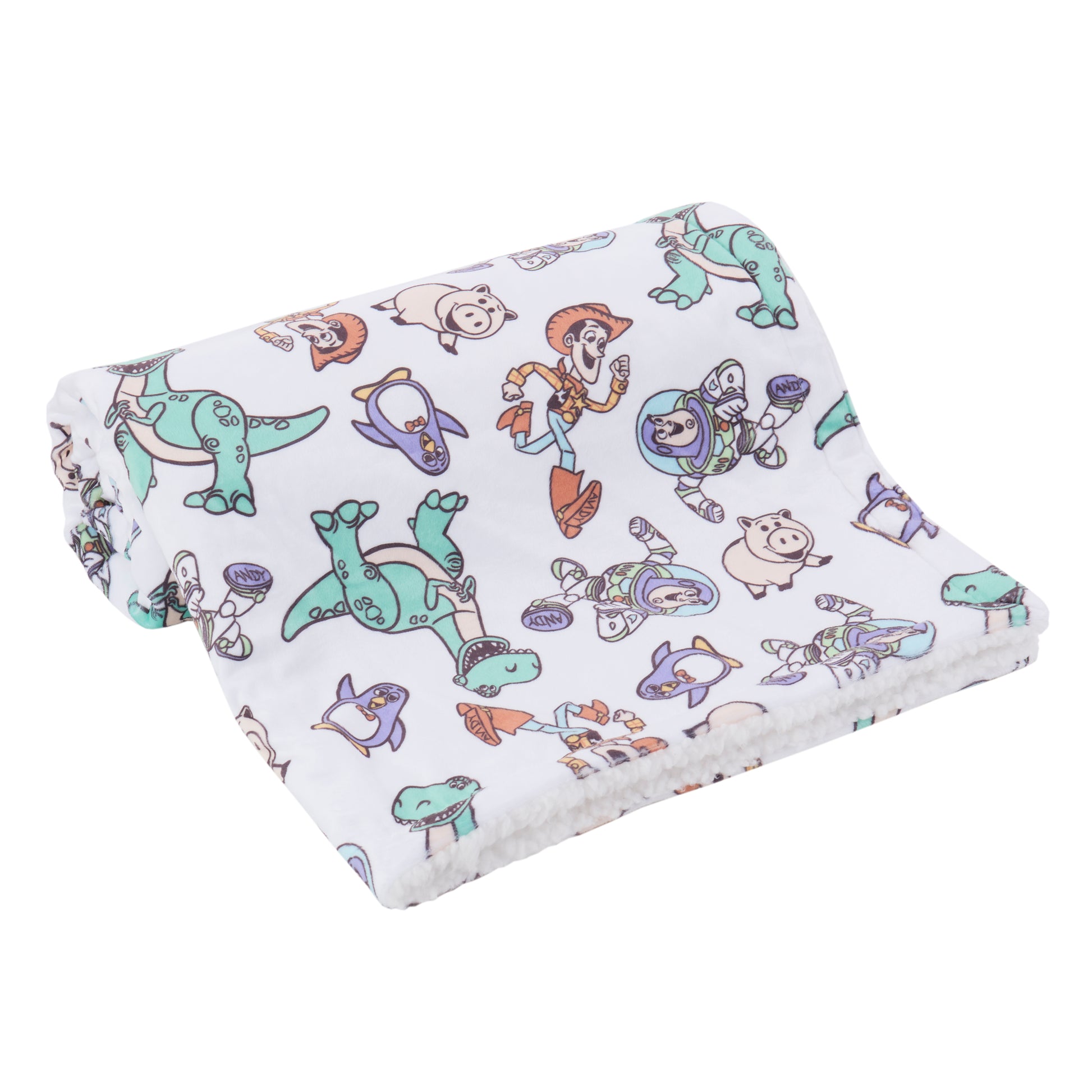 NoJo Disney Toy Story Play All Day Sherpa Baby Blanket - Woody, Buzz, Rex, Wheezy, and Hamm, Teal, Blue, and White