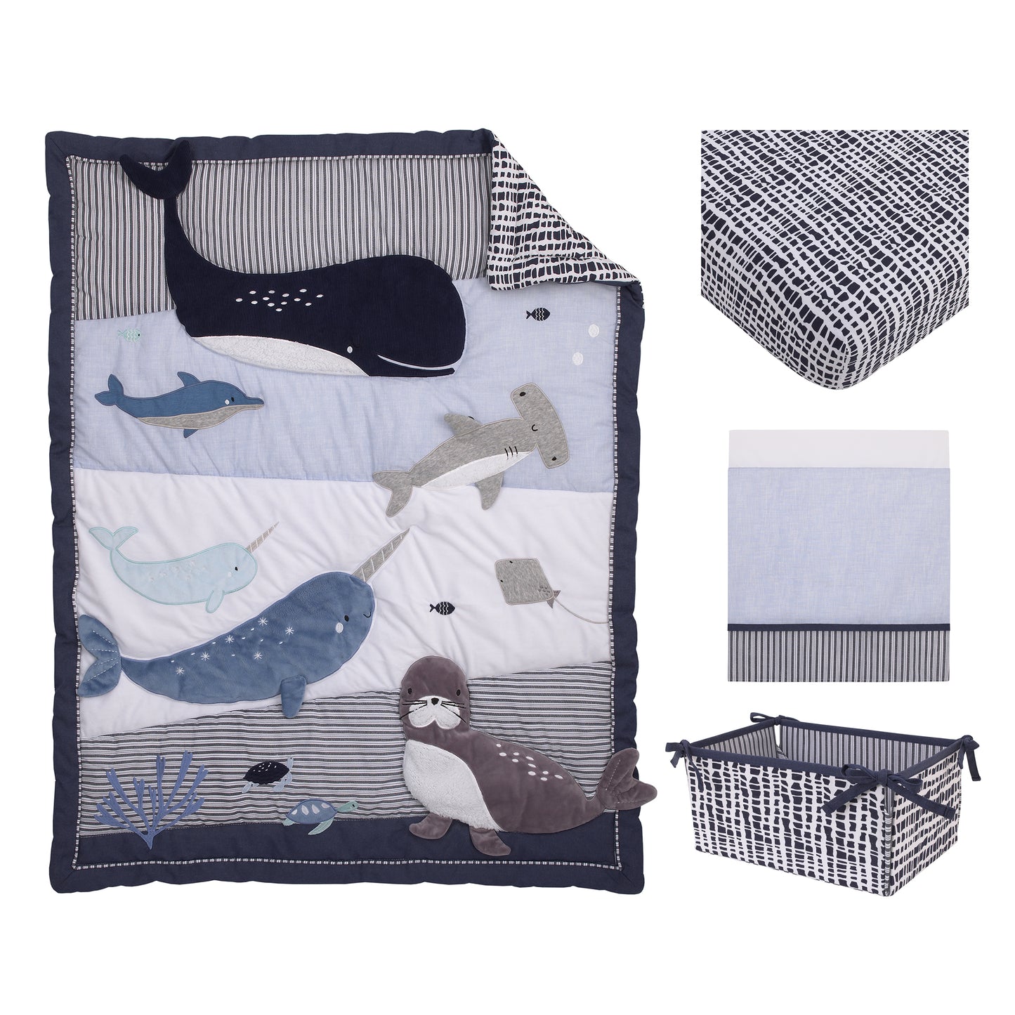 NoJo Seas The Day Blue and White Whale, Narwhal, Sea Lion, Shark 4 Piece Crib Bedding Set - Comforter, 100% Cotton Fitted Crib Sheet, Crib Skirt, and Storage