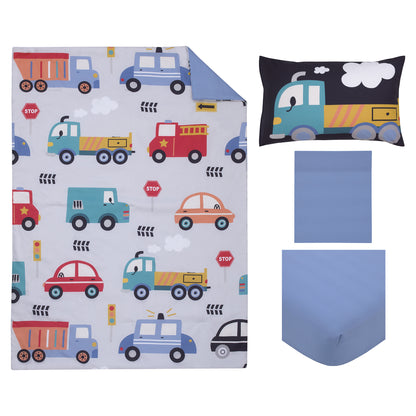 Everything Kids Transportation Gray, Blue, Red, and Yellow 4 Piece Toddler Bed Set - Comforter, Fitted Bottom Sheet, Flat Top Sheet, Reversible Pillowcase
