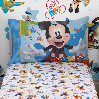 Disney Mickey Mouse Blue, Red, Green, and White, Donald Duck, Pluto, and Goofy, Fun Starts Here 2 Piece Toddler Sheet Set - Fitted Bottom Sheet, and Reversible Pillowcase