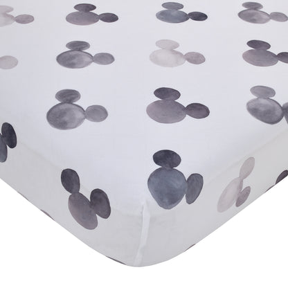 Disney Mickey Mouse - Black, White and Gray Watercolor Mickey Ears Nursery Fitted Crib Sheet