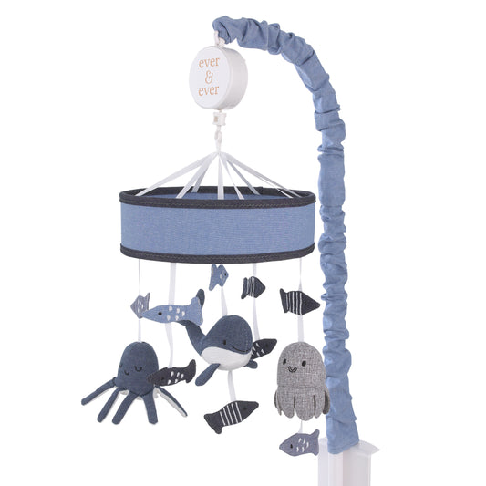 Ever & Ever Marine Navy, Chambray, and Gray Plush Whales, Octopus, and Fishes Musical Mobile