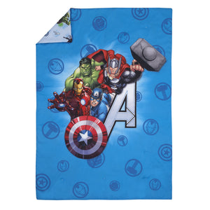 Marvel Avengers Fight the Foes Blue, Red, Green Hulk, Iron Man, Thor, Captain America 4 Piece Toddler Bed Set - Comforter, Fitted Bottom Sheet, Flat Top Sheet, and Reversible Pillowcase