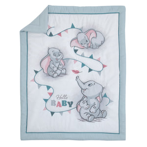 Disney Dumbo Hello Baby Grey and White Circus Banner 3 Piece Nursery Crib Bedding Set - Comforter, Fitted Crib Sheet, and Crib Skirt
